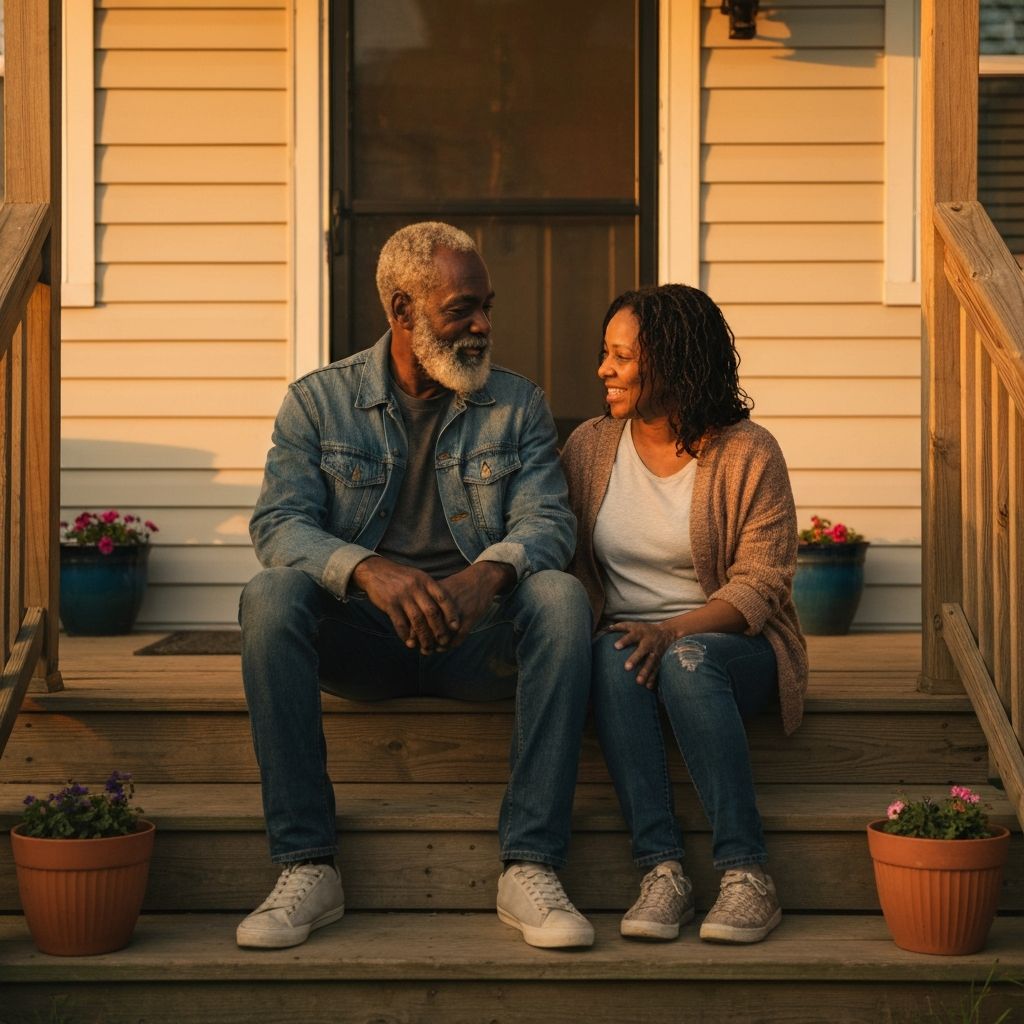 Black grandfather and child laughing on a porch at golden hour