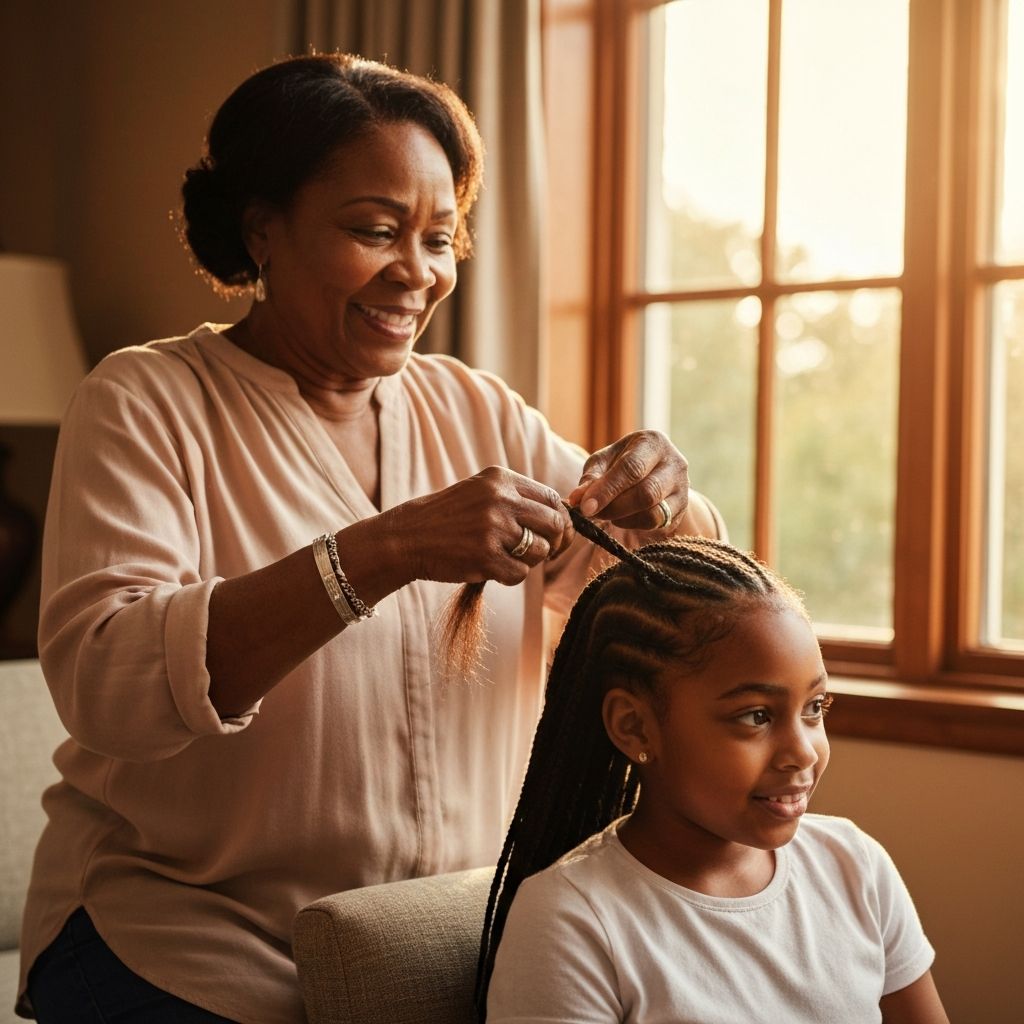 Black grandmother braiding young girl's hair in warm afternoon light