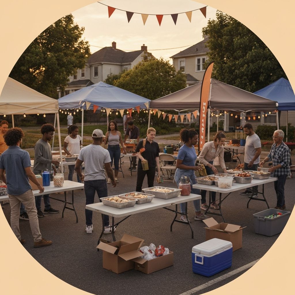 Diverse group of volunteers setting up for HoodComing with African American, Latino, White, and mixed-race individuals arranging tables, hanging decorations, and organizing supplies in golden hour lighting
