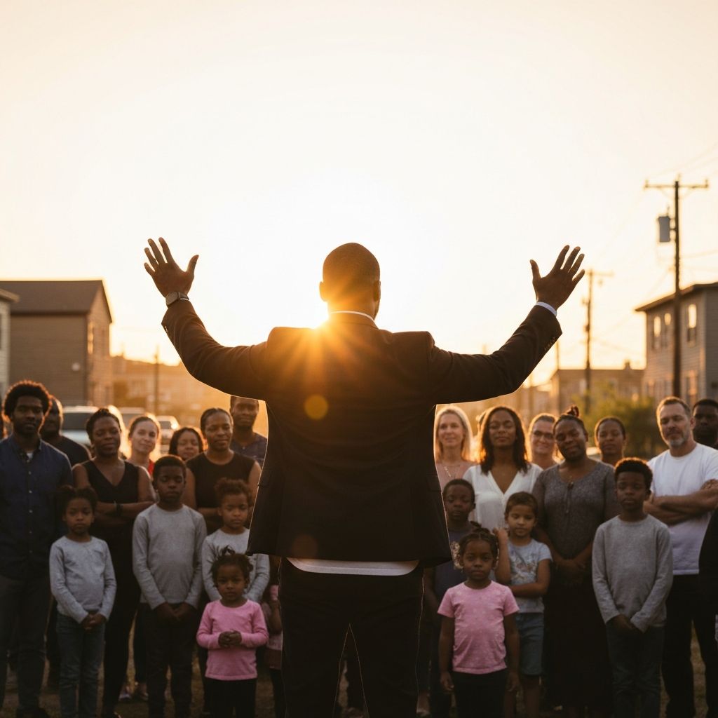 Black male preacher speaking at sunrise in urban neighborhood