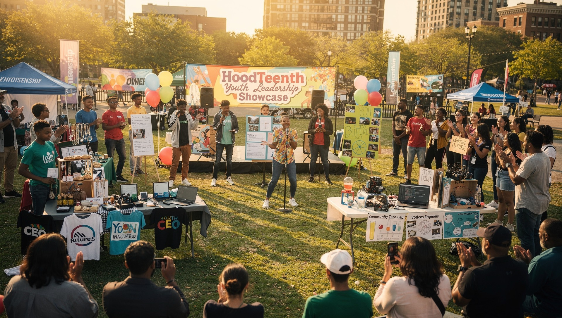 HoodTeenth Youth Leadership Showcase in urban park with young presenters, project displays, balloons, and engaged community audience