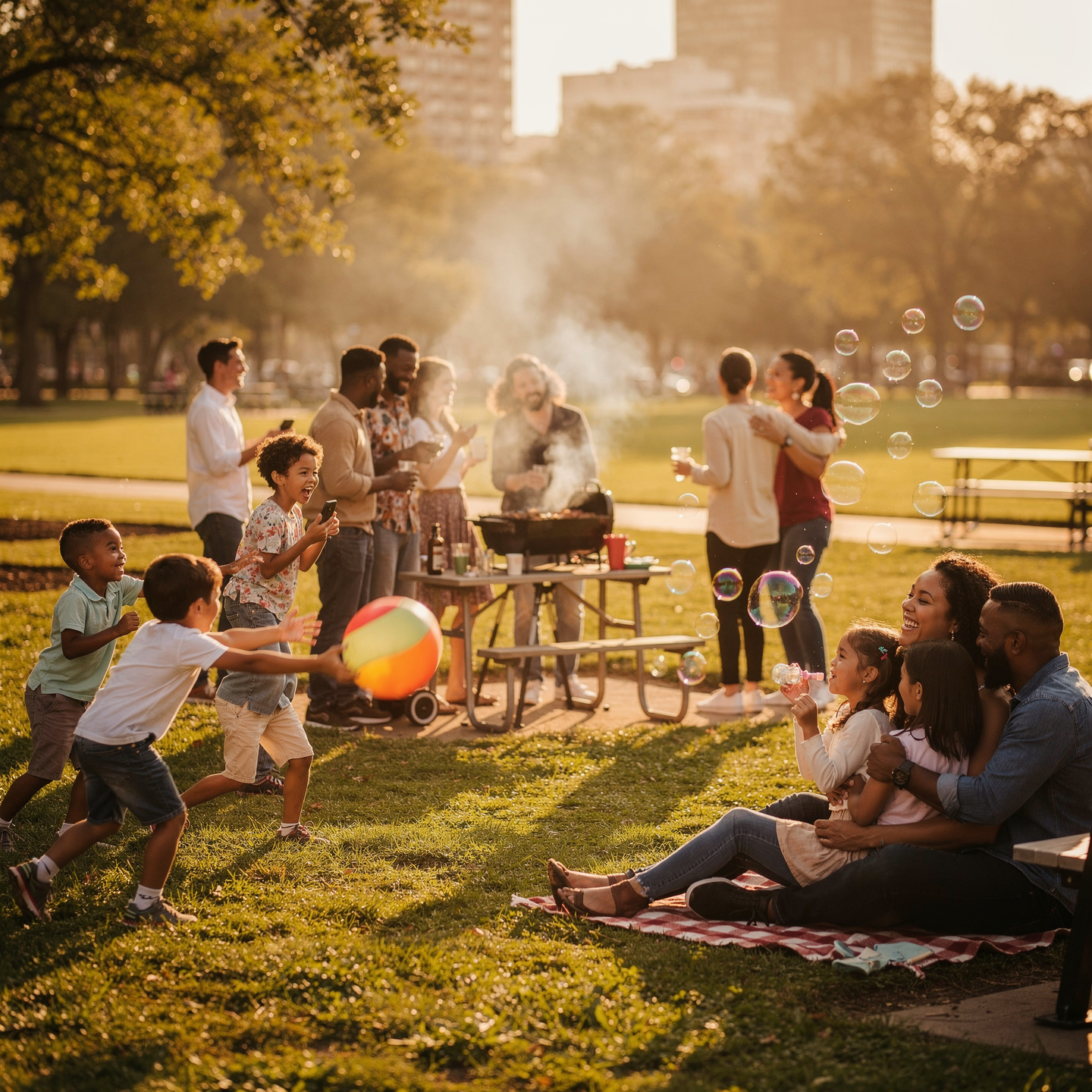 Diverse family gathering in park with children playing and BBQ