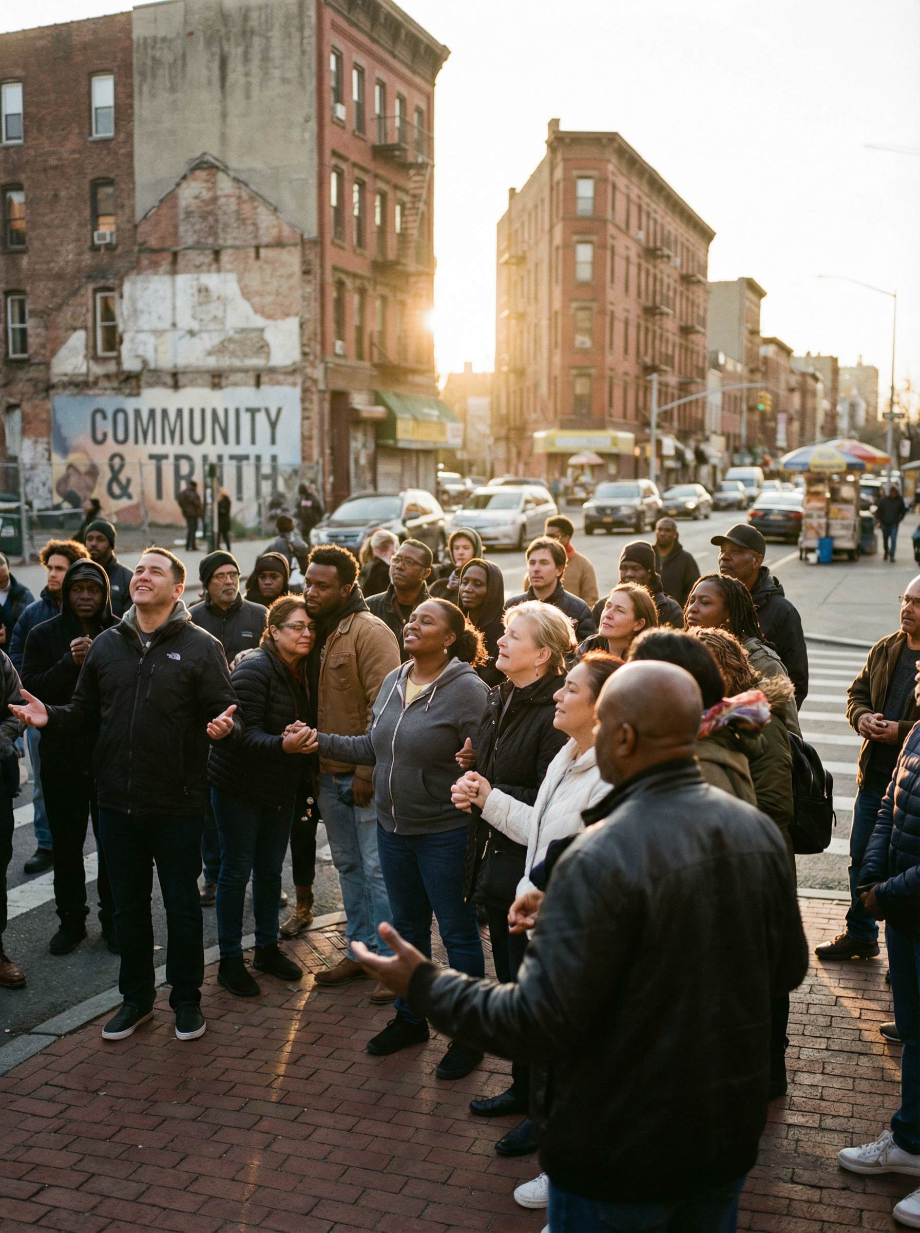 Community gathering on city street with COMMUNITY & TRUTH mural