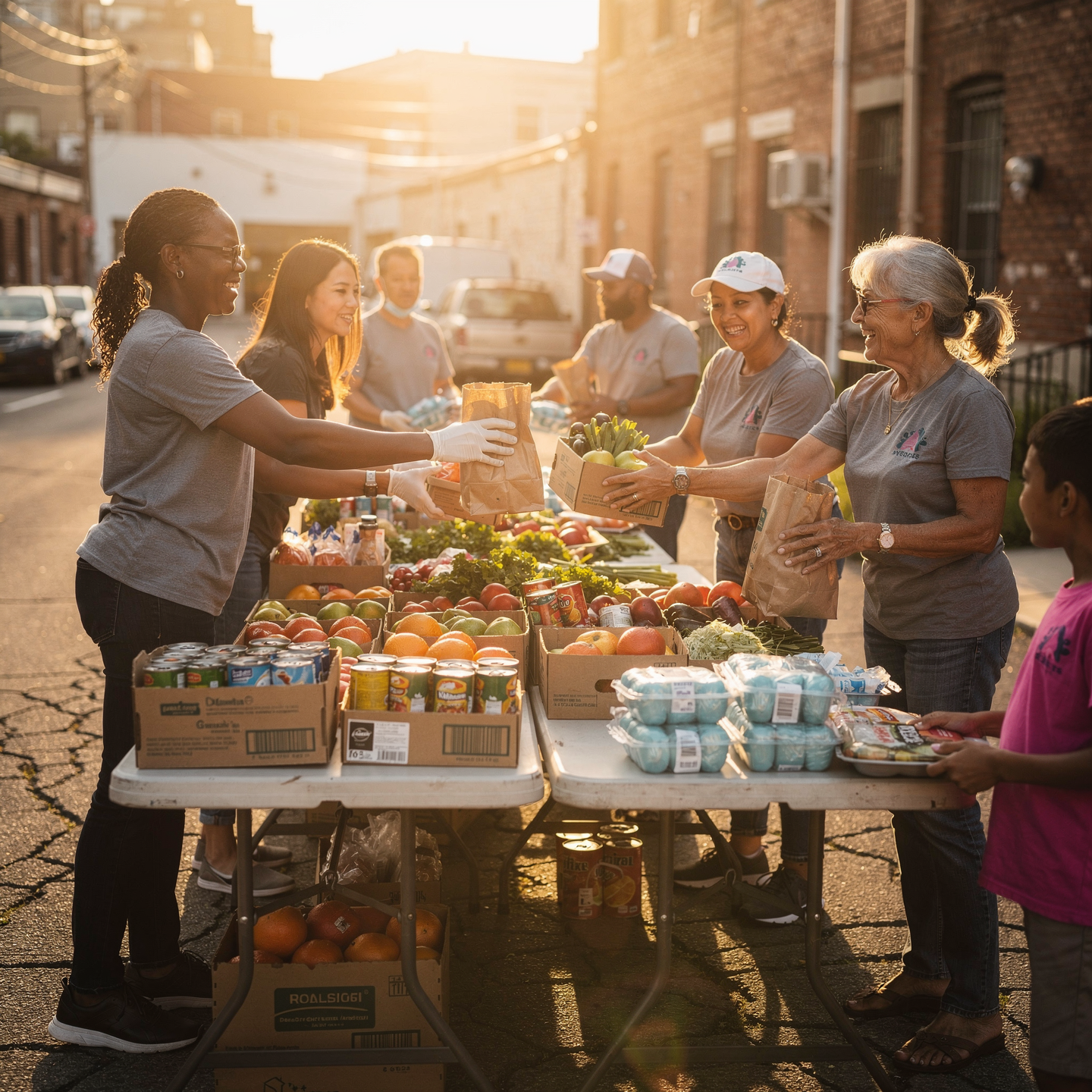 Food distribution with volunteers serving families at sunrise