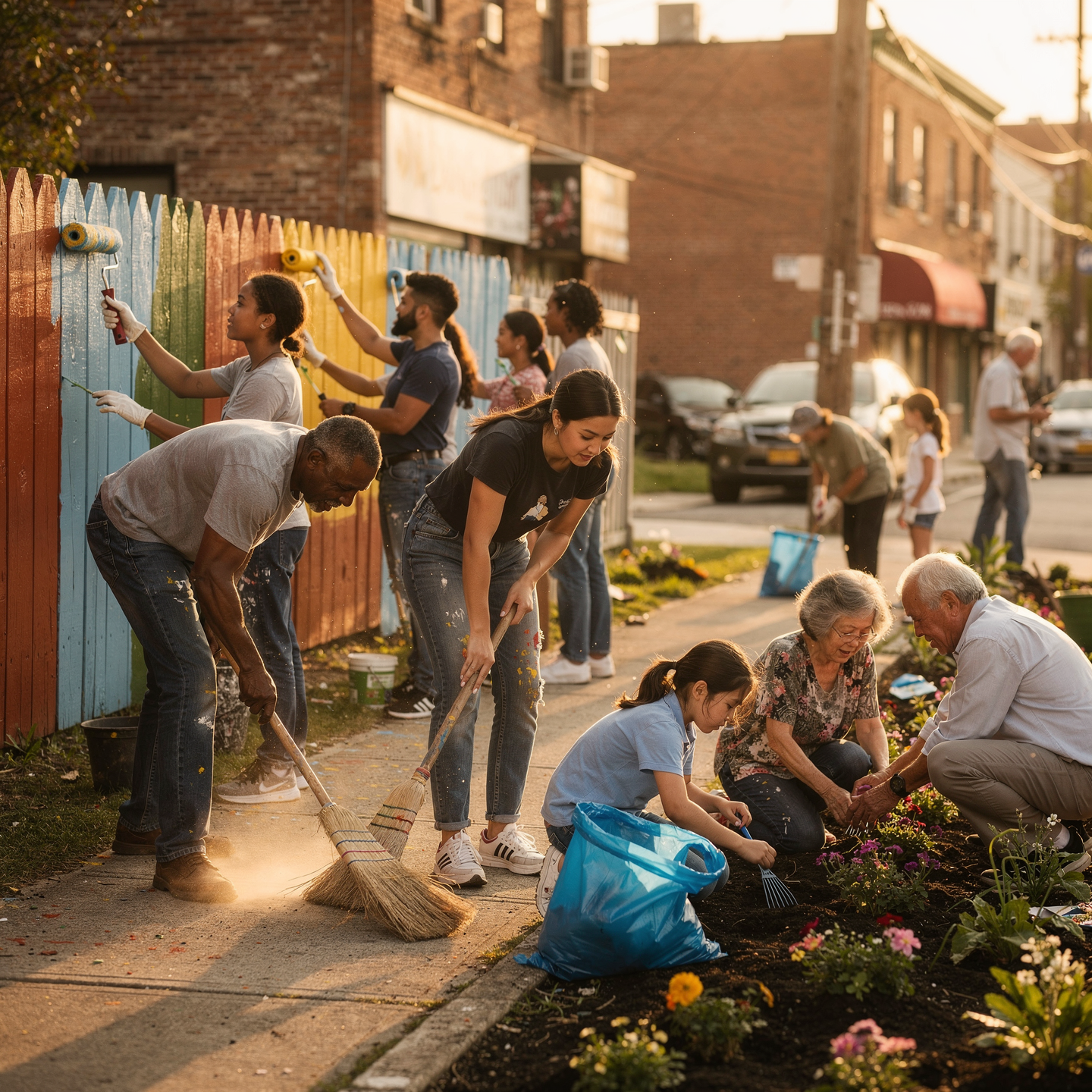 Diverse volunteers doing community beautification - painting fence and planting flowers