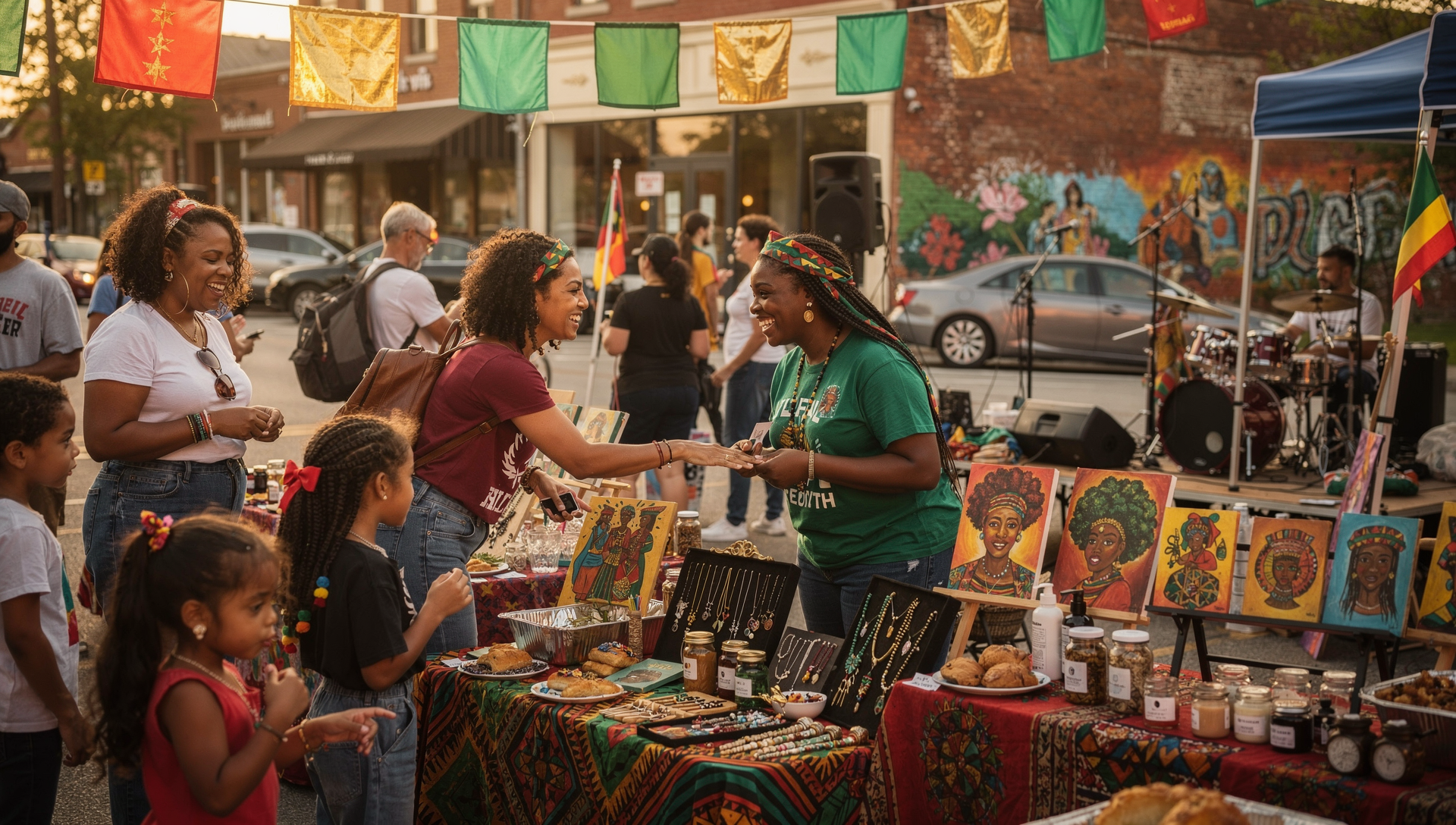Vendor in green HoodTeenth shirt at marketplace booth with African art, jewelry, food, and families gathered at colorful Pan-African street festival