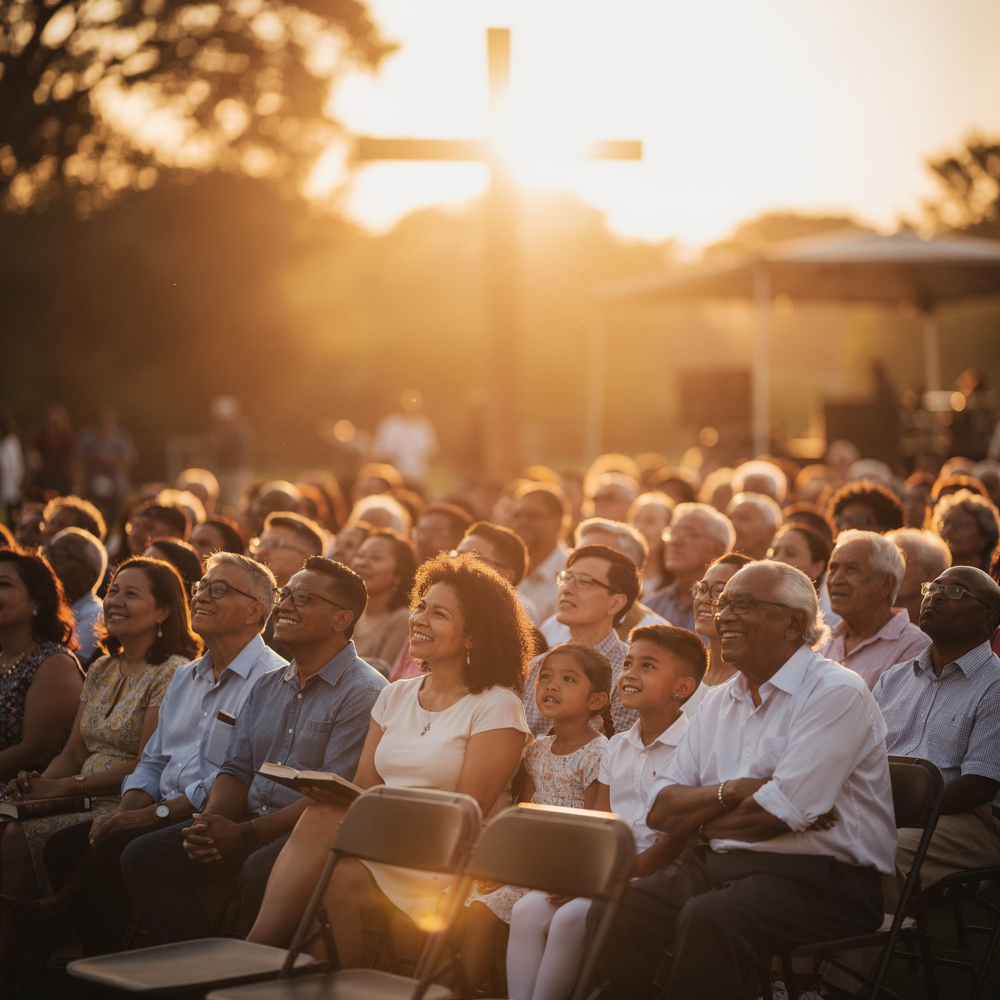 Diverse community gathering at sunrise outdoor service with warm radiant light