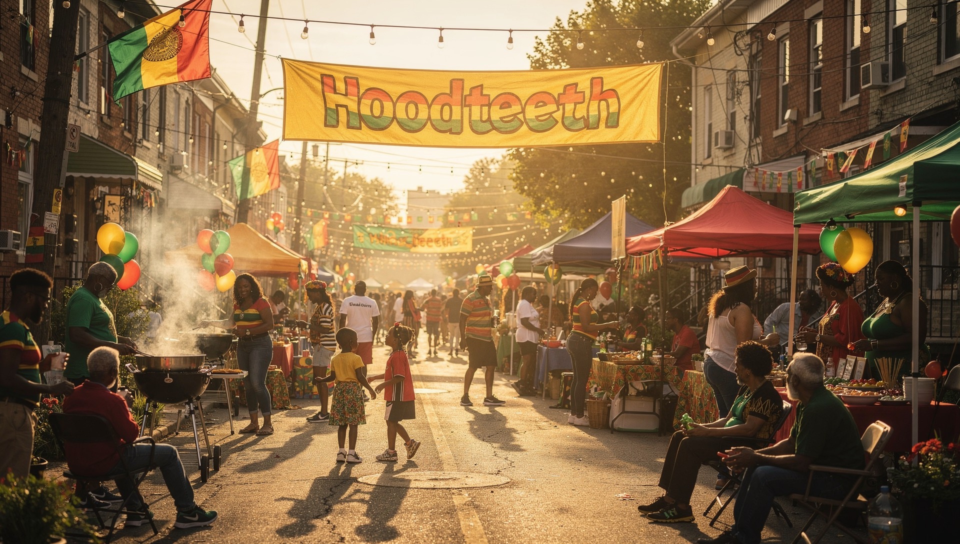 Vibrant HoodTeenth street festival with yellow banner, Pan-African decorations, food vendors, families celebrating, and golden hour lighting