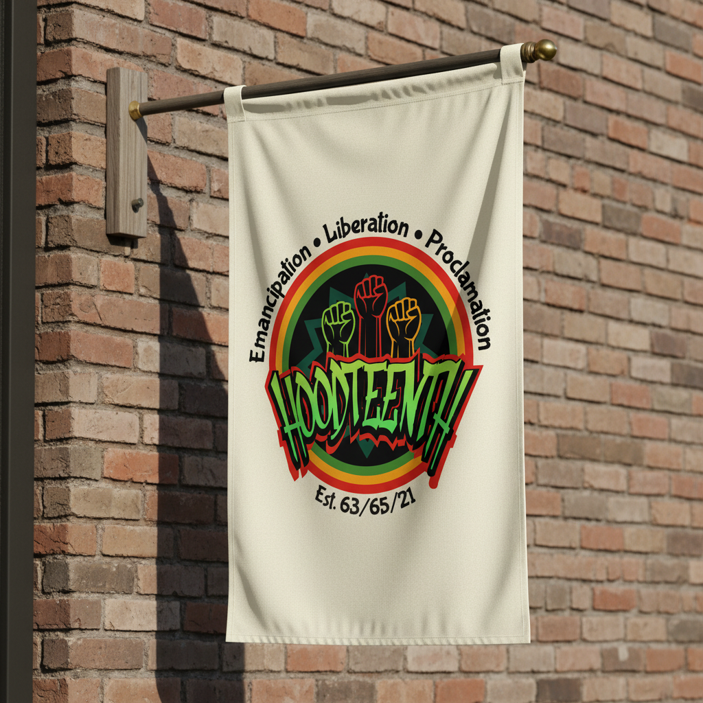 HoodTeenth banner flag on brick wall featuring the logo with Pan-African colors, three raised fists, and Emancipation Liberation Proclamation text